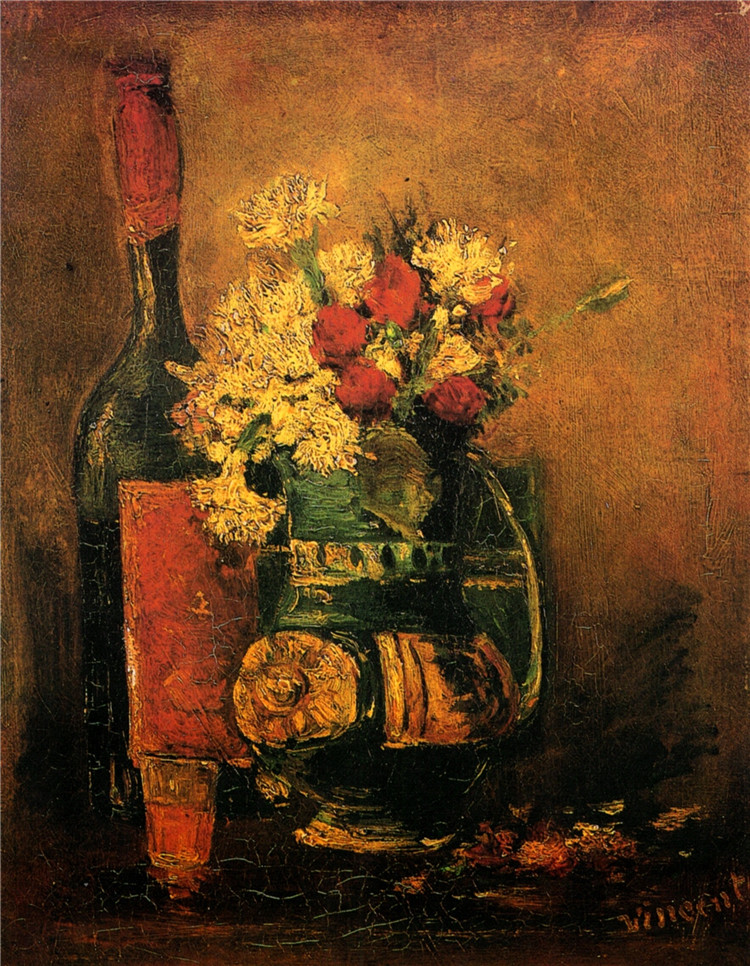 Vase With Carnations And Roses And A Bottle